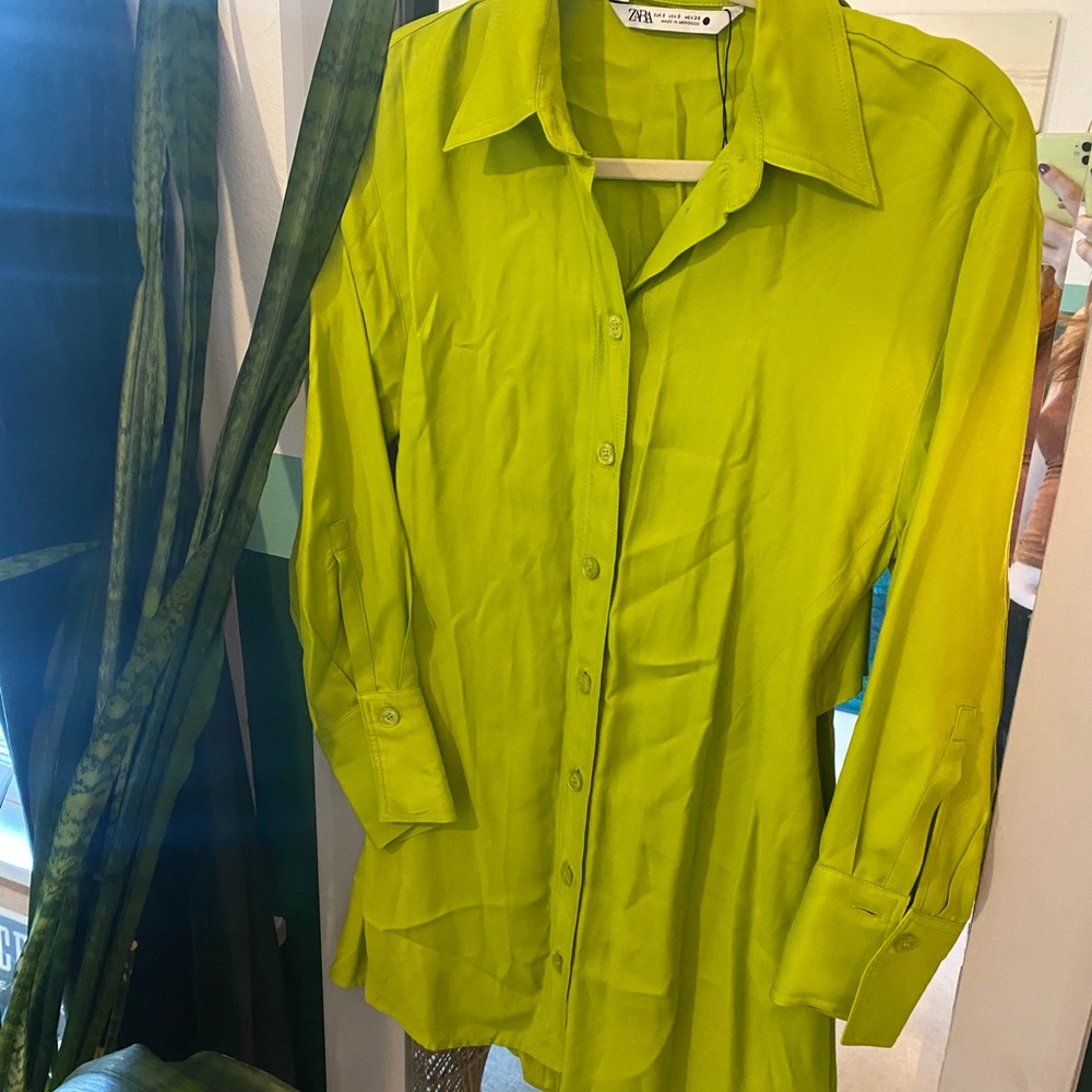 Lime Green Satin Style Shirt Dress - Picture 3 of 5